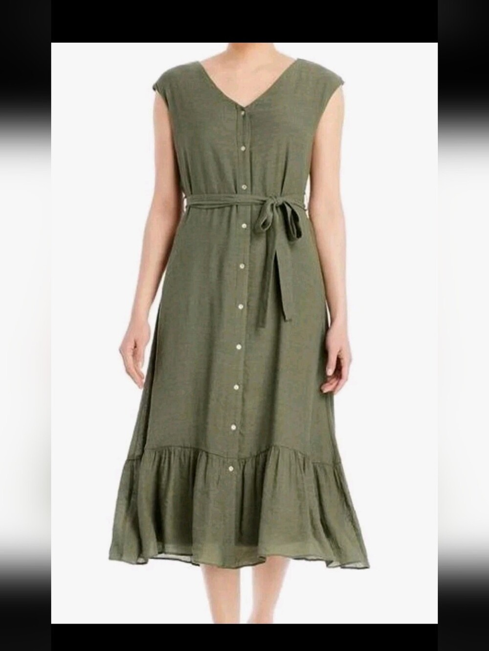 Nanette Lepore 8 Moss Green Belted Midi Dress Sleeveless Flowy Ruffle Feminine